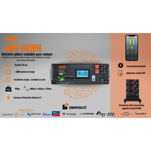 Batterie au lithium-ion 48V 100Ah 5 kWh Power Wall pour système solaire domestique.